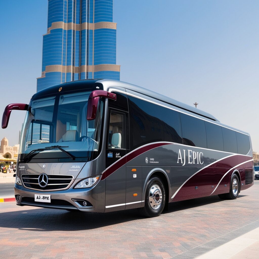 Group of friends enjoying a scenic ride in a luxury bus through Dubai.
