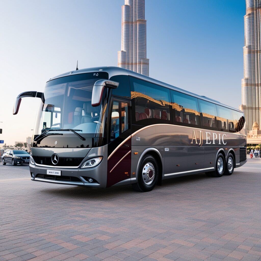 Interior of a luxury bus featuring modern amenities and spacious seating.
