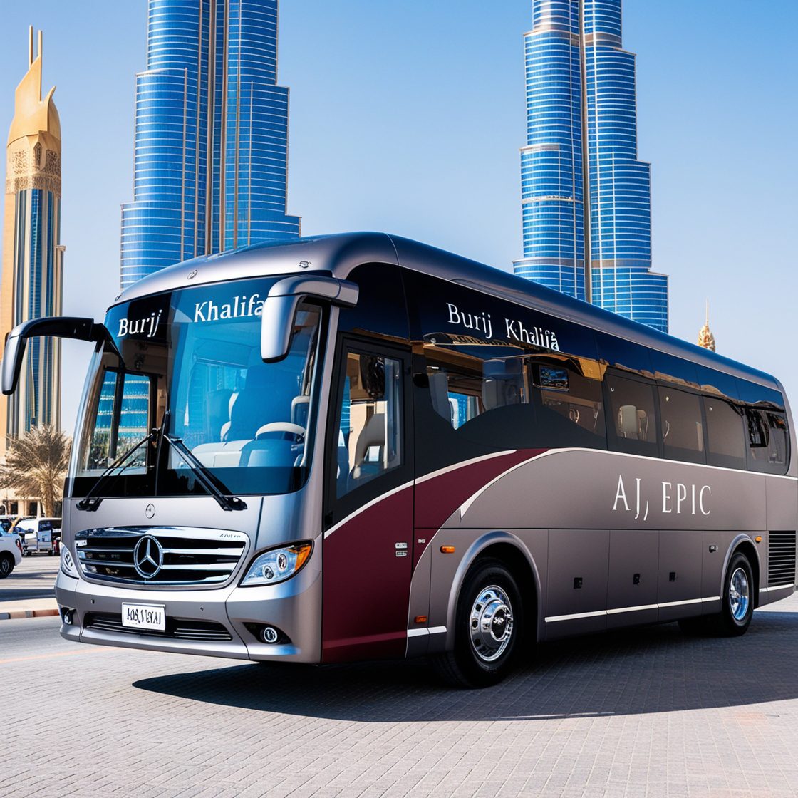 Luxury bus at Dubai Marina with beautiful city lights in the background.