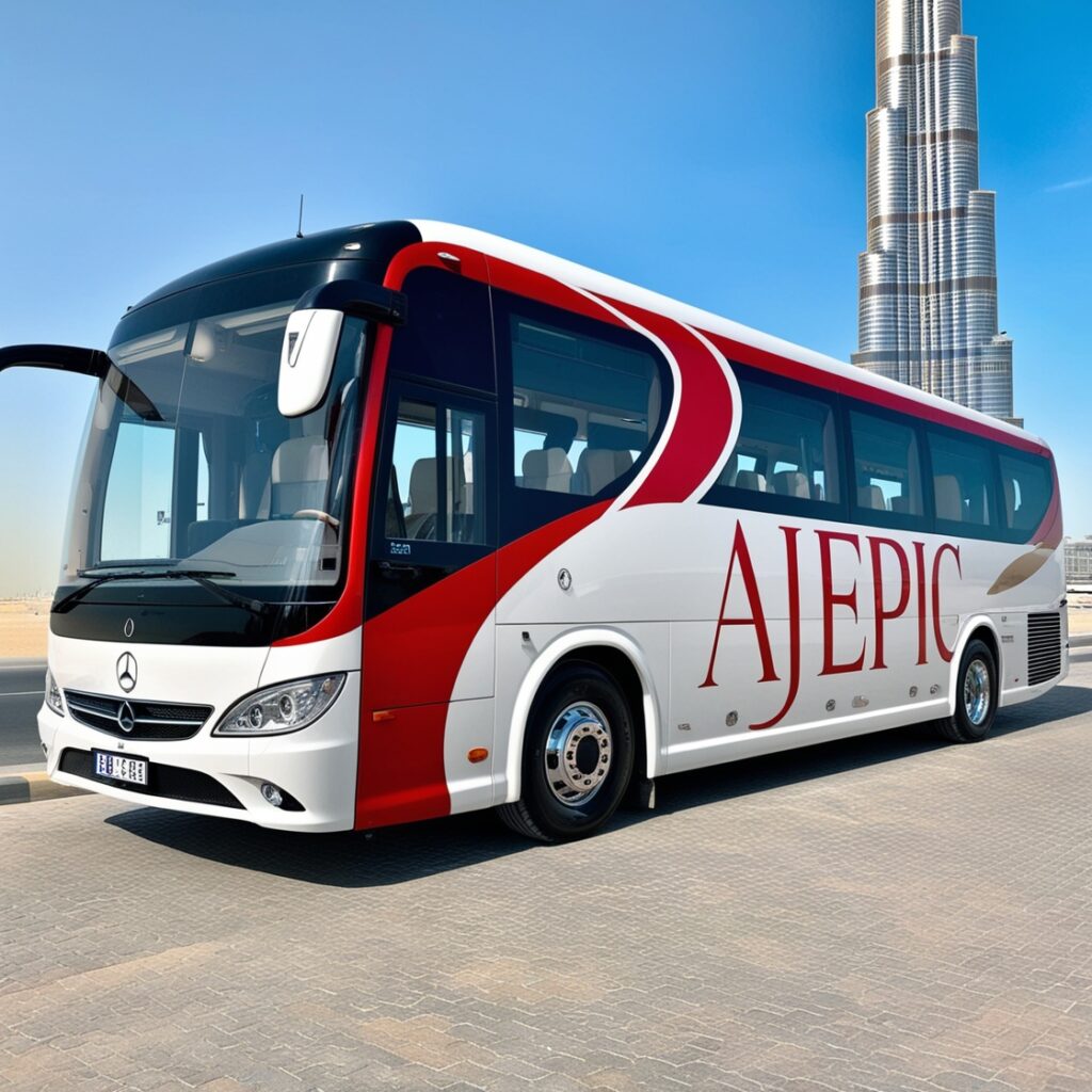 Elegant luxury bus parked near the Burj Khalifa in Dubai.