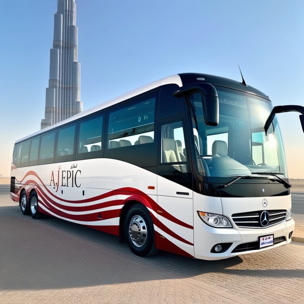 Exterior of a luxury bus featuring the AJ EPIC branding in Dubai.