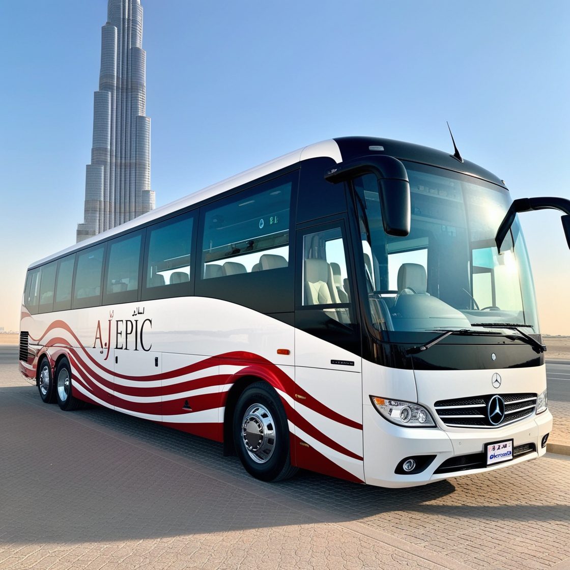 Exterior of a luxury bus featuring the AJ EPIC branding in Dubai.