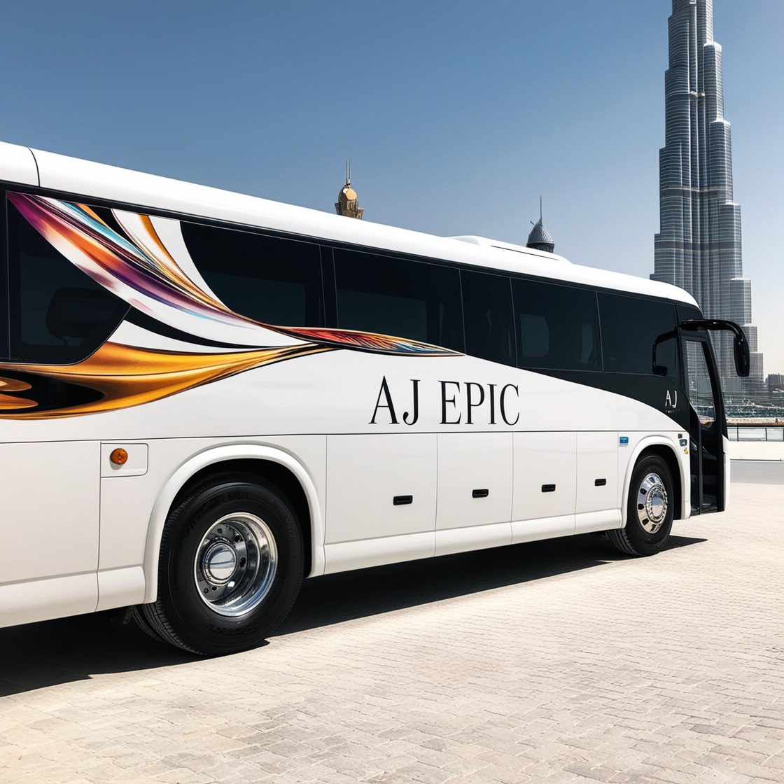 Stylish white Mercedes bus featuring "AJ EPIC" branding parked under the clear blue sky near Burj Khalifa.
