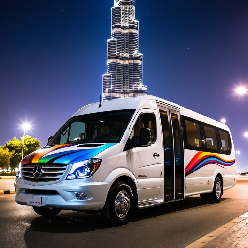 Luxurious white minibus parked in Dubai with Burj Khalifa in the background.