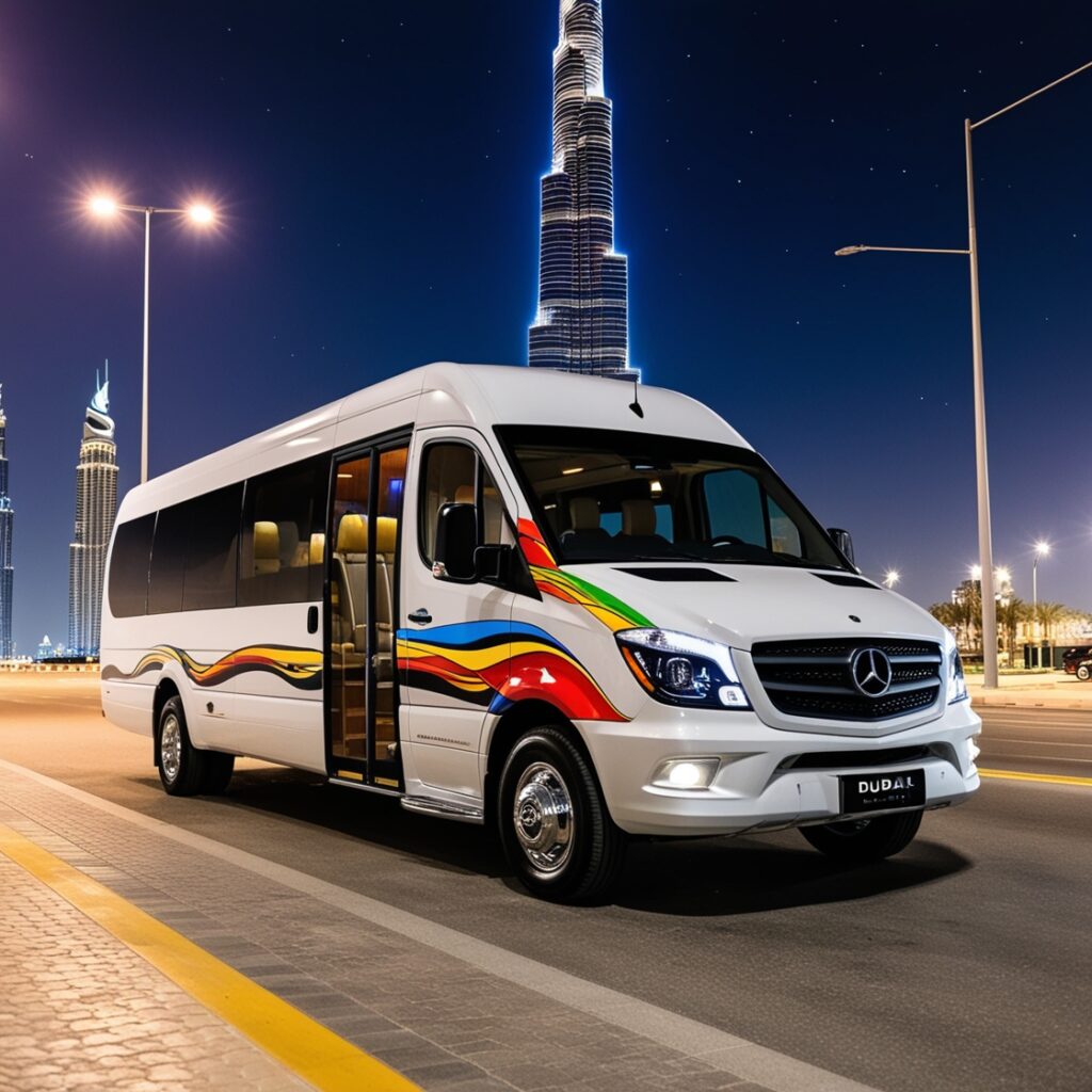 Interior of a comfortable minibus with plush seating and air conditioning.