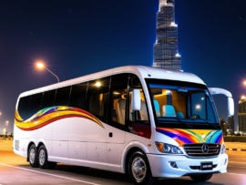 Minibus rental in front of a popular Dubai attraction.