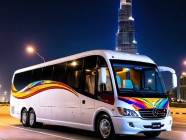 Minibus rental in front of a popular Dubai attraction.