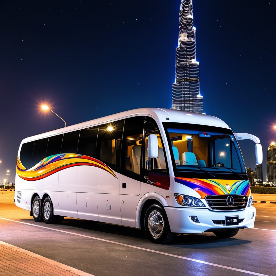Minibus rental in front of a popular Dubai attraction.