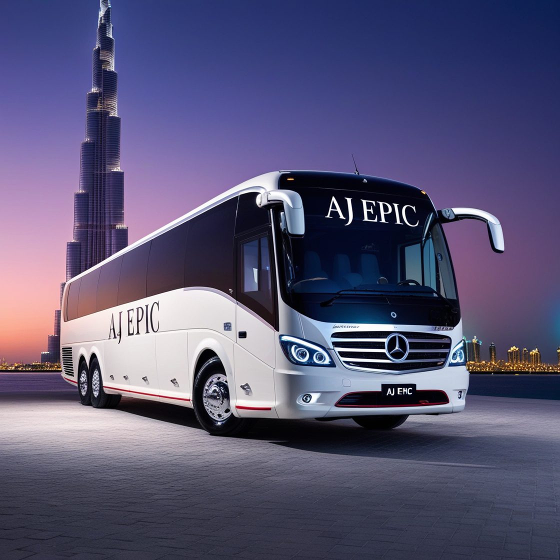 Elegant white luxury Mercedes bus parked outside a famous Dubai landmark at dusk.