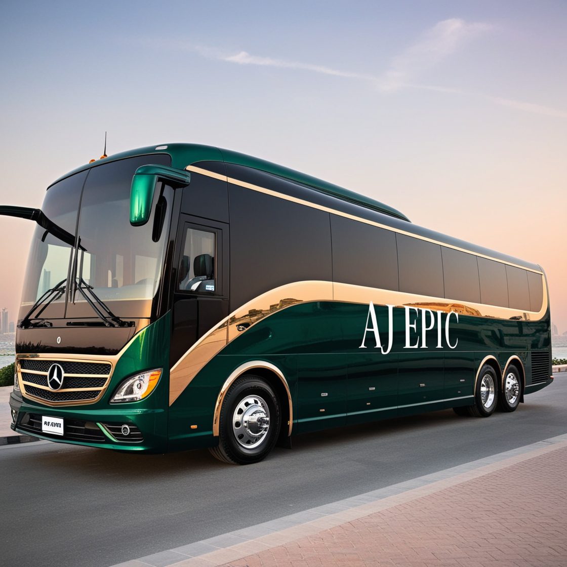 Luxury Aj EPIC bus with an emerald green and gold exterior, parked on a scenic street in Dubai, offering premium bus rental services.