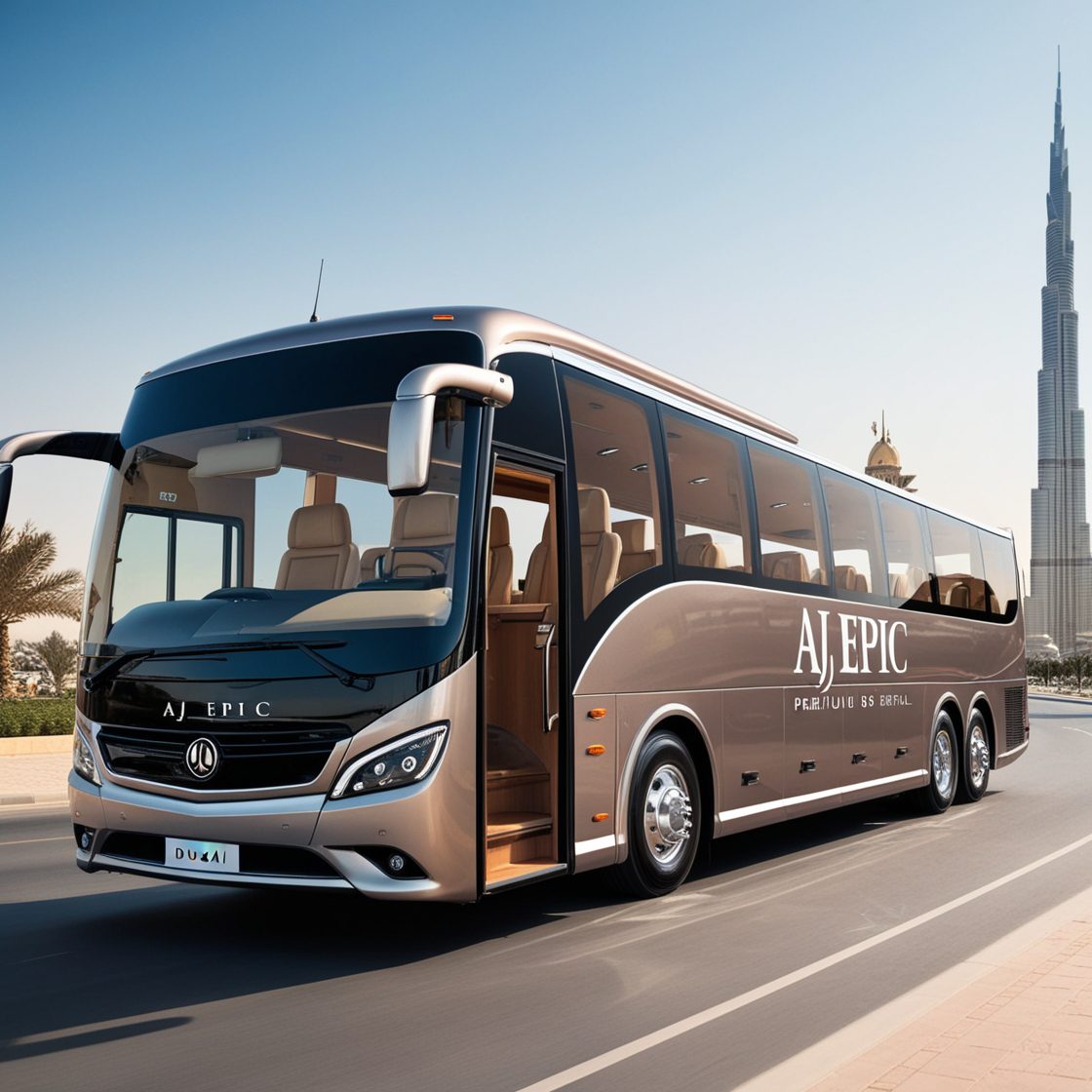 A luxury bus branded with 'Aj EPIC' driving through Dubai’s iconic landmarks, showcasing premium bus rental services.
