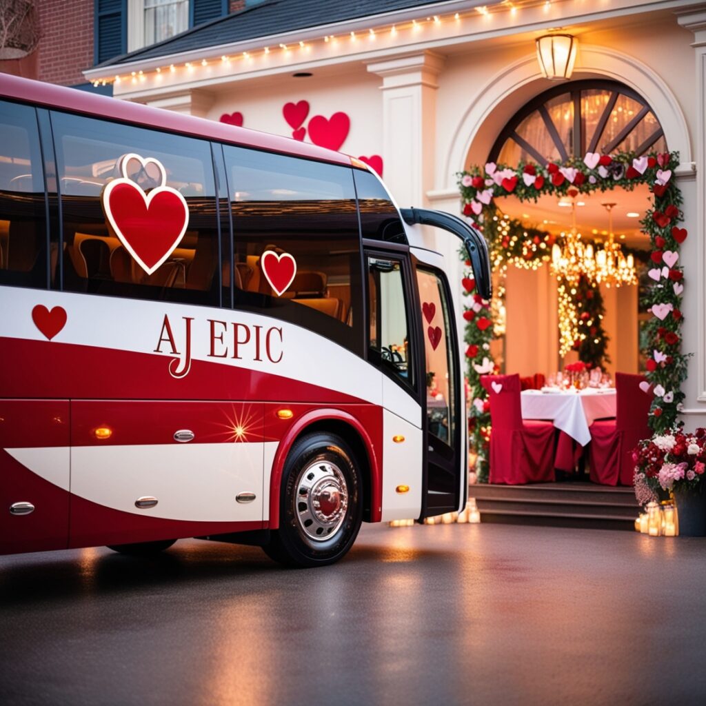 Luxurious bus with "AJ EPIC" branding parked outside a romantic restaurant decorated for Valentine's Day.