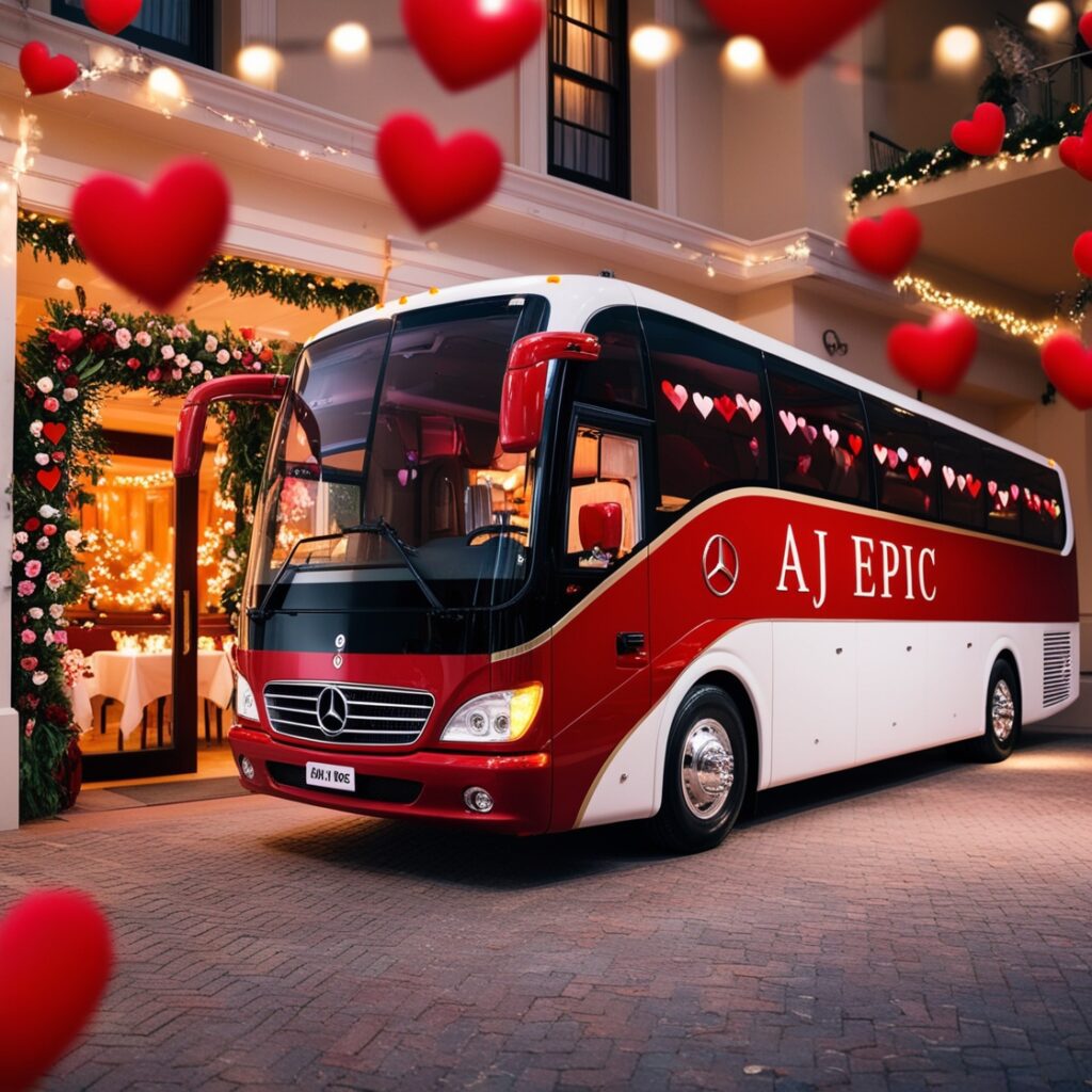 Stylish interior of a bus showcasing comfortable seating and festive decorations for Valentine's celebrations.