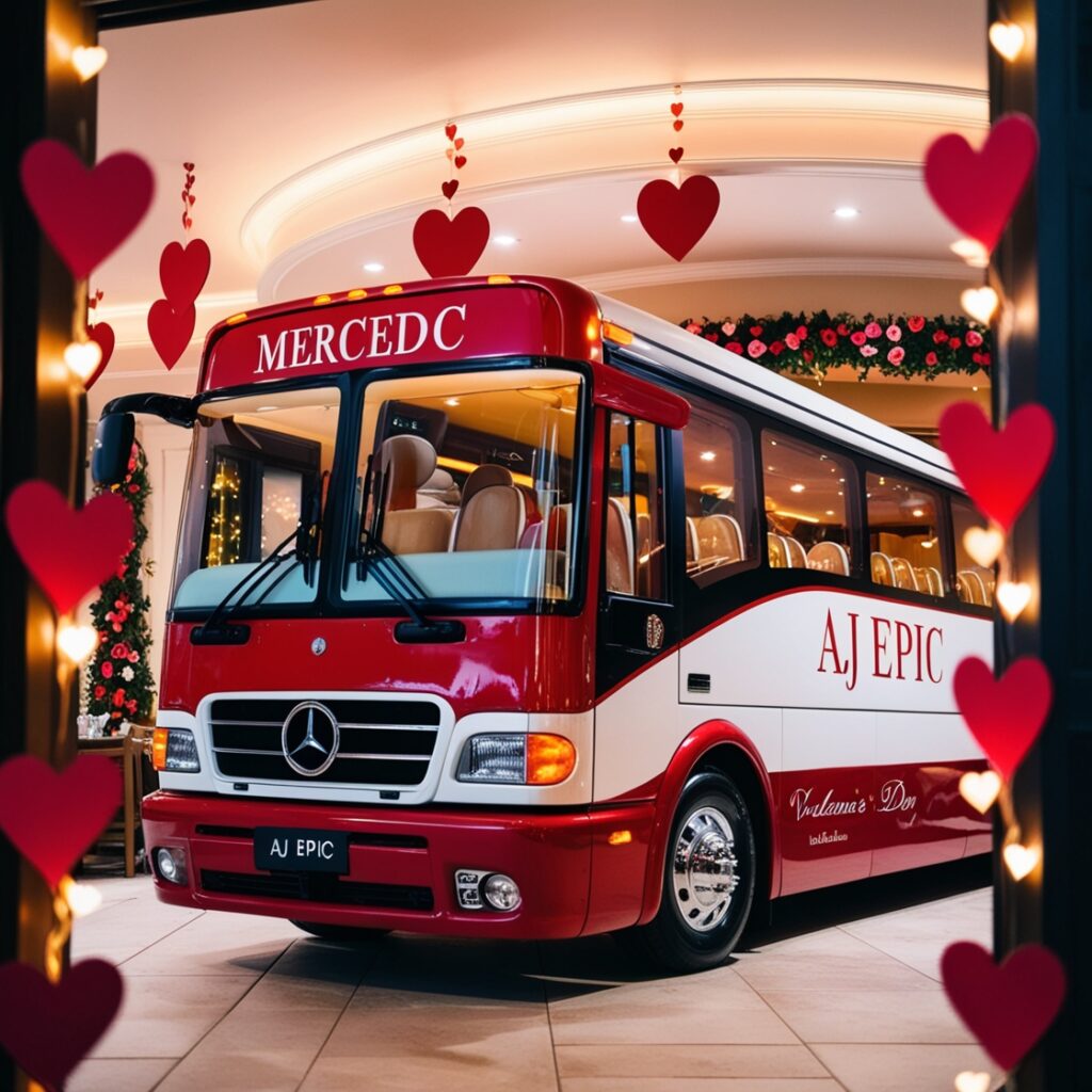 Group of friends celebrating Valentine's Day with a luxurious bus rental in a vibrant city.