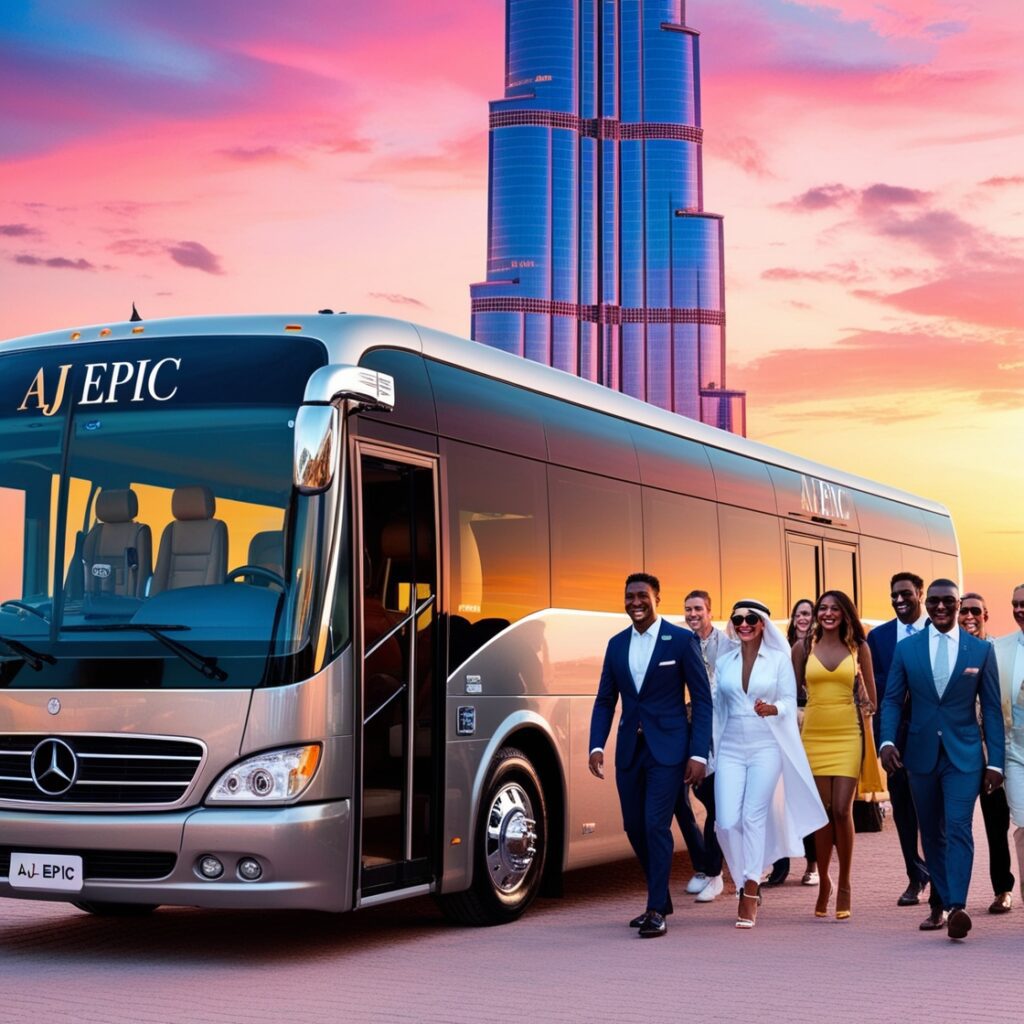 Luxury Mercedes bus parked in front of a Dubai landmark during sunset.