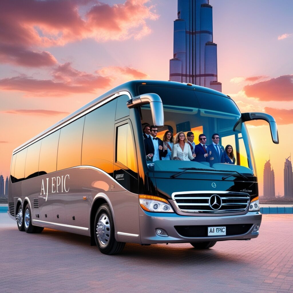 Interior view of a luxury bus showing spacious seating and modern amenities.