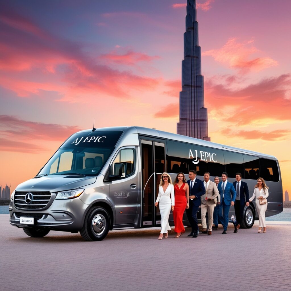 Group of friends enjoying a luxury bus ride while exploring Dubai.