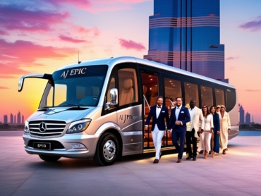 Luxury bus with AJ EPIC branding at a famous Dubai attraction.