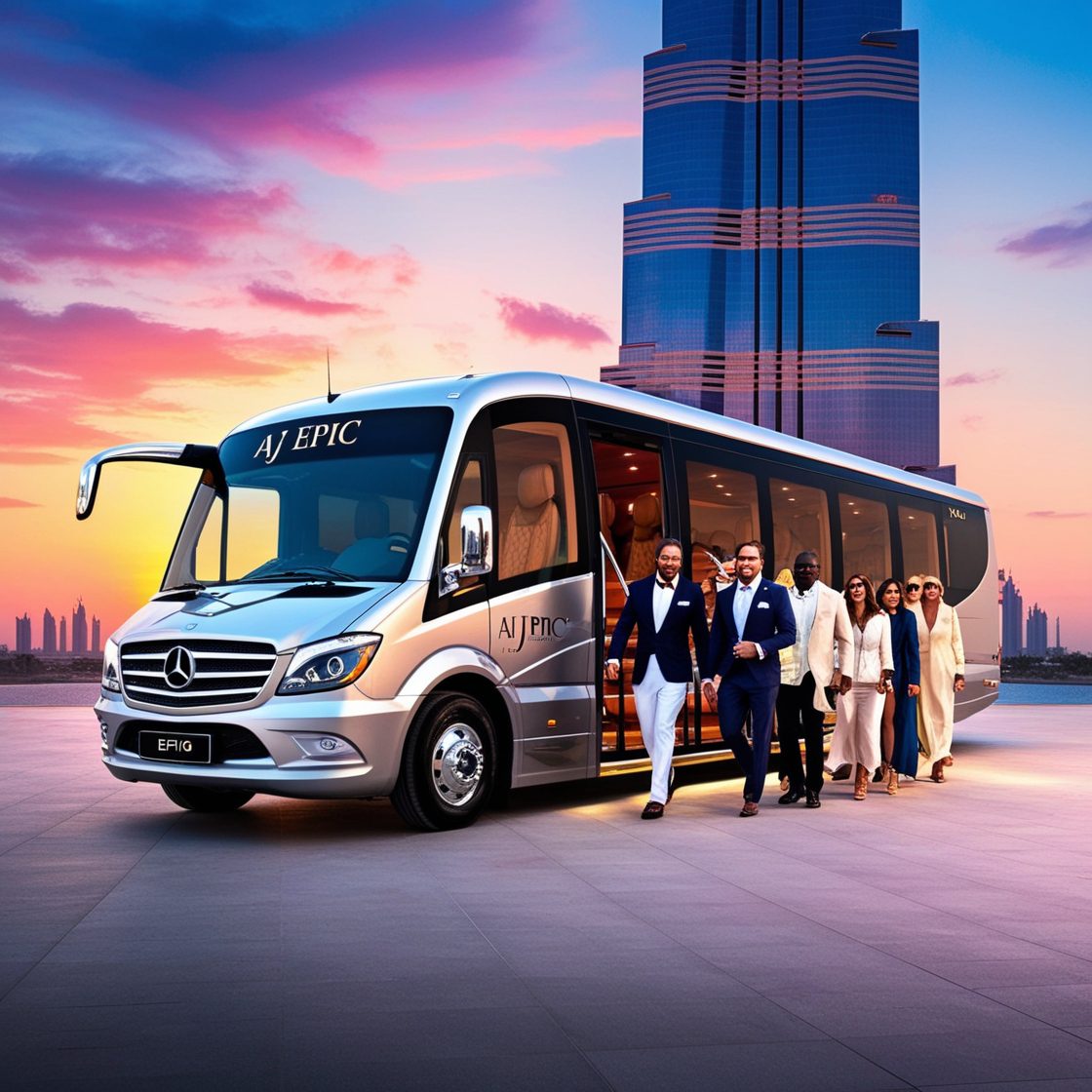 Luxury bus with AJ EPIC branding at a famous Dubai attraction.