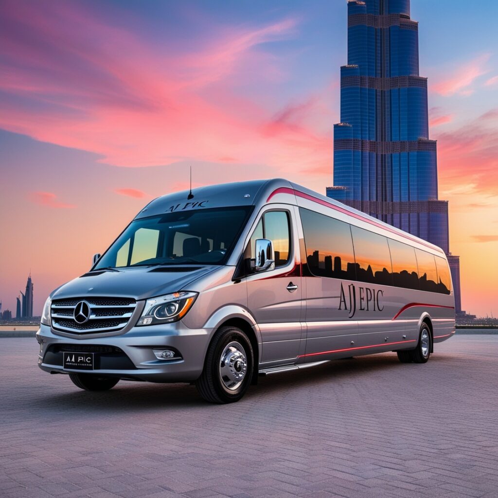 Luxury Mercedes bus with red color lines and AJ EPIC branding parked in front of the Burj Khalifa at sunset.