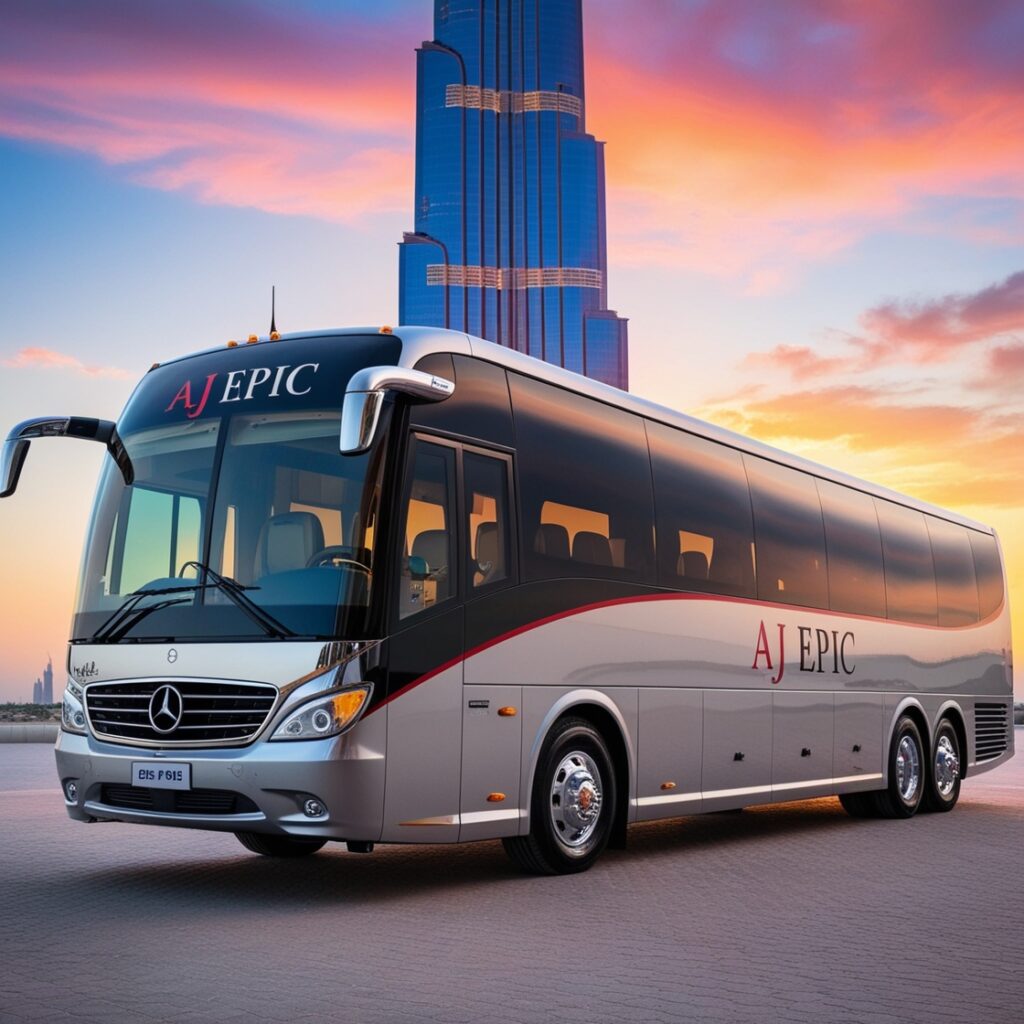 Polished exterior of a luxury bus showcasing chrome accents and tinted windows against a colorful sunset.