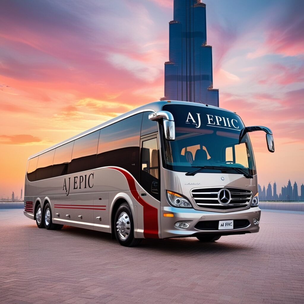 A luxury bus parked in a scenic location with the Dubai skyline in the background.