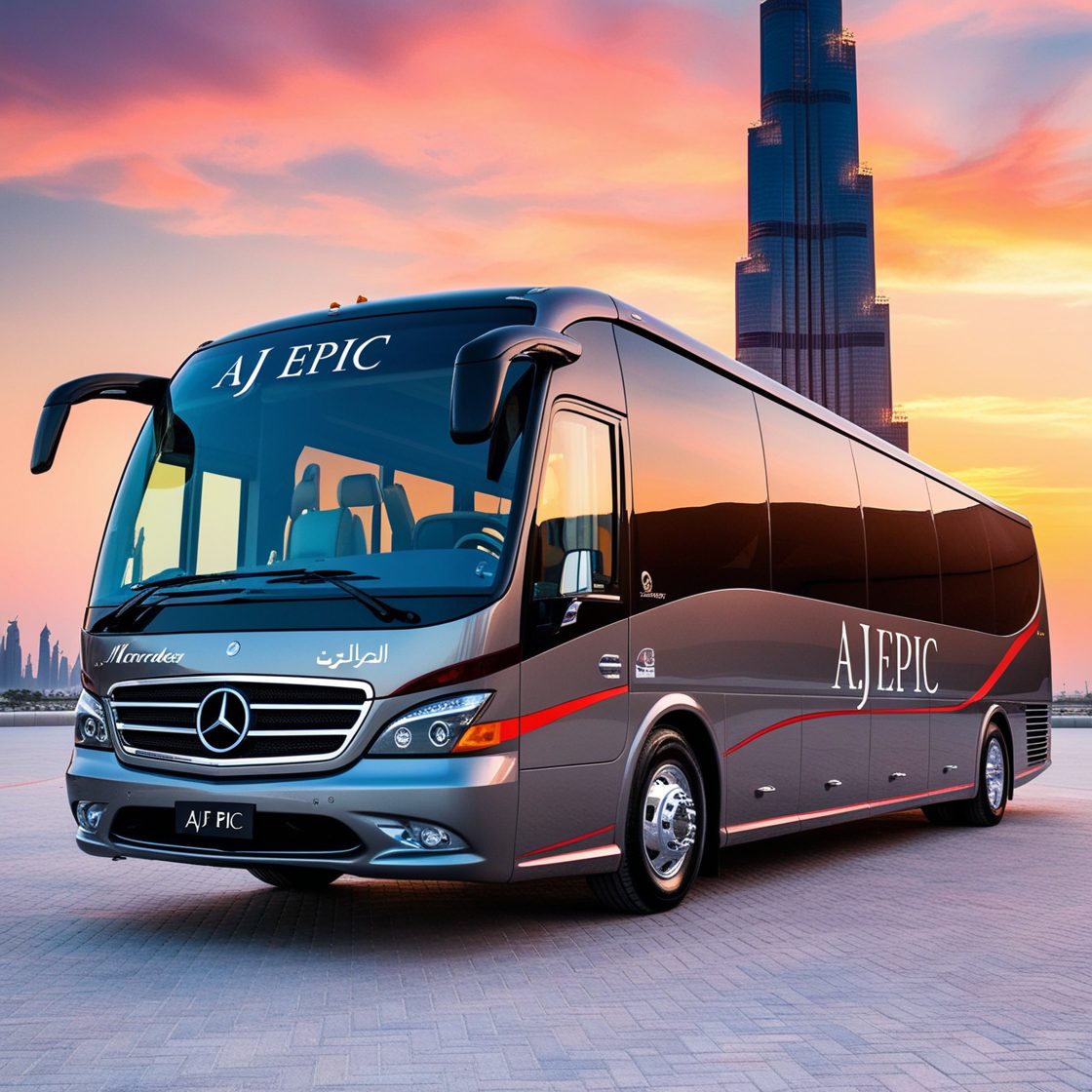 Elegant luxury bus with stylish red lines parked outside a famous Dubai landmark.