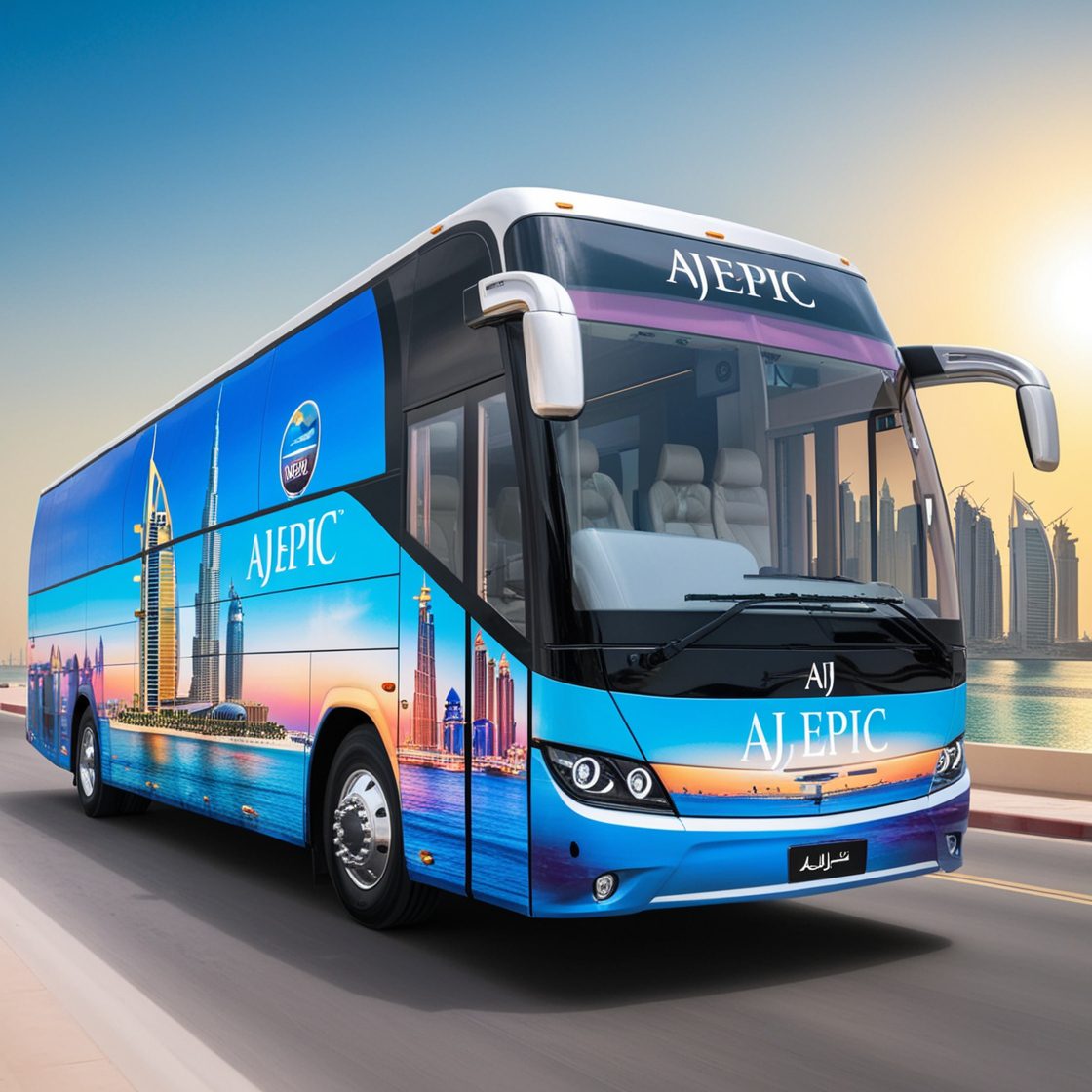 "Passengers boarding the luxury bus branded with 'Aj EPIC,' ready for a corporate event in Dubai, highlighting the professional service provided."