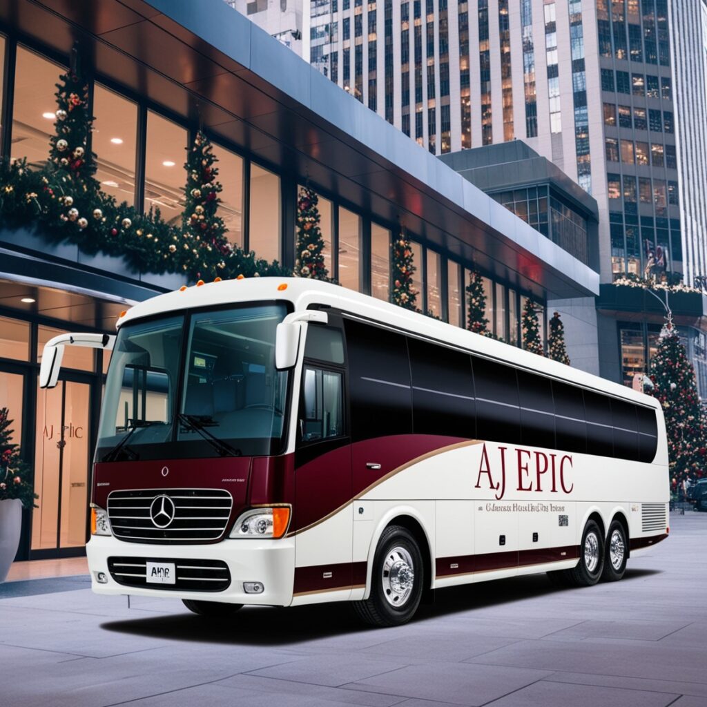Elegant office building adorned with holiday lights and decorations, featuring a corporate bus rental in front.