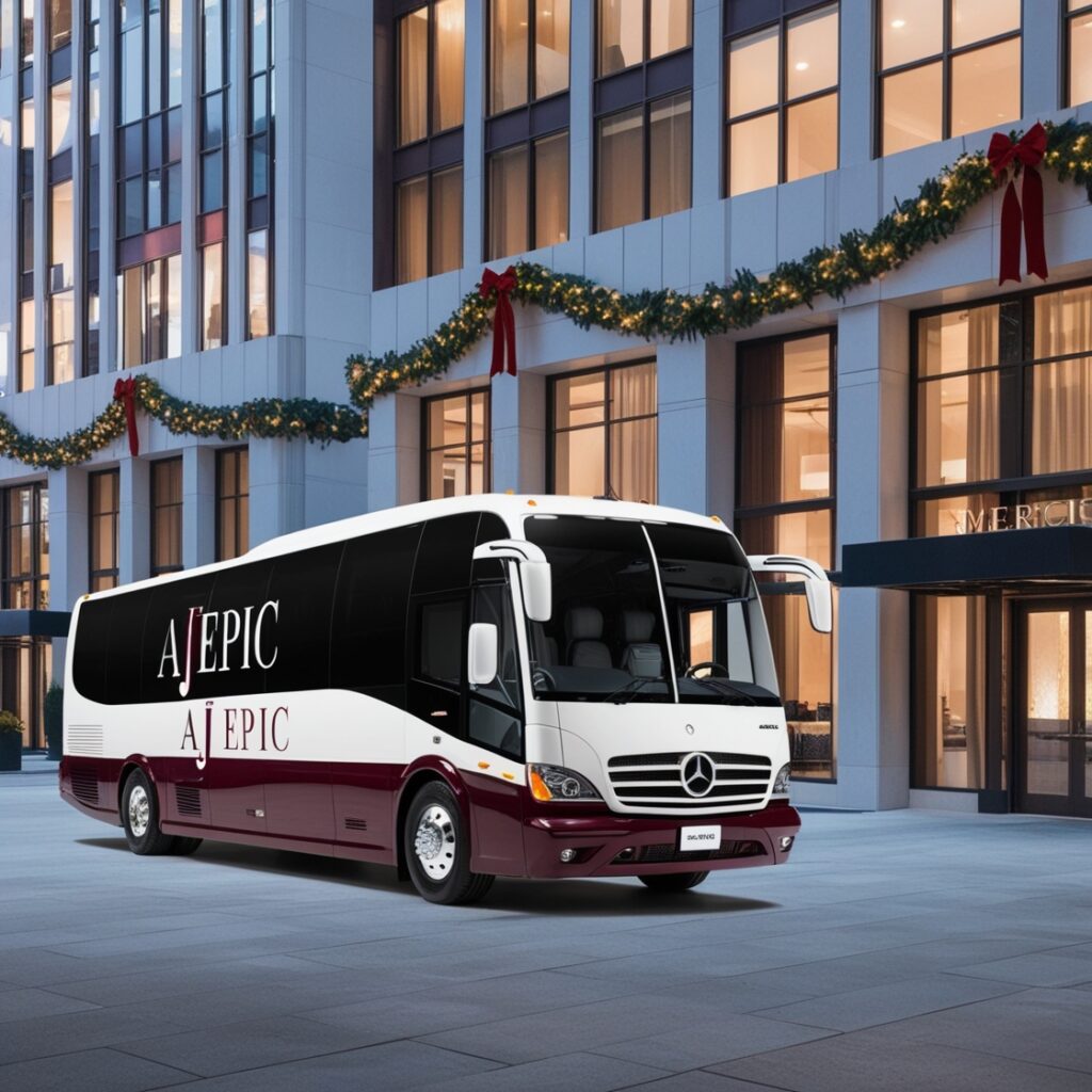 Stylish white and burgundy bus highlighting the convenience of corporate holiday transportation.