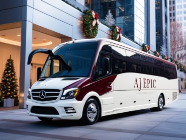 Festive corporate event setup around a luxury bus, capturing the spirit of holiday celebrations without any people.