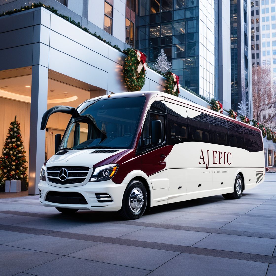 Festive corporate event setup around a luxury bus, capturing the spirit of holiday celebrations without any people.