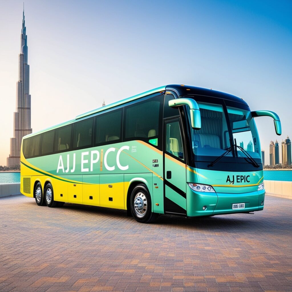 Luxury coach branded with 'Aj EPIC,' parked in a scenic area of Dubai, featuring a vibrant, shiny exterior wrapped in light green and yellow colors with the Burj Khalifa in the background.