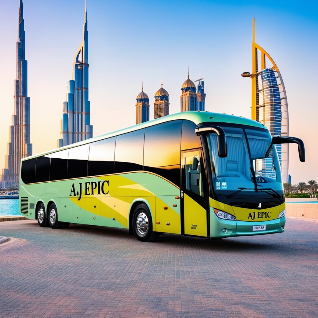 Interior view of the spacious coach from Aj EPIC, showcasing comfortable seating and modern amenities designed for group travel.