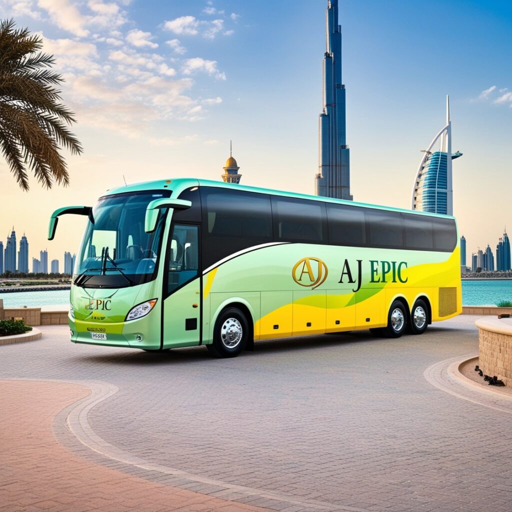 Aj EPIC luxury coach providing transportation for a corporate event in Dubai, highlighting its stylish design and comfortable interiors for guests.