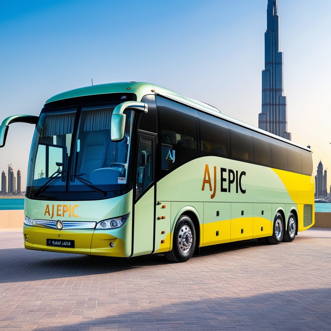 Group of passengers enjoying a city tour aboard the vibrant Aj EPIC coach, featuring panoramic windows that highlight iconic Dubai landmarks.