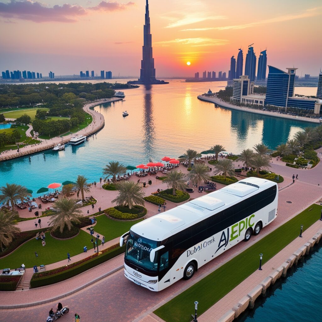 Aerial view of Dubai Creek Harbour at sunset, featuring the iconic Dubai Creek Tower and a luxurious modern Mercedes bus branded with "AJ EPIC."