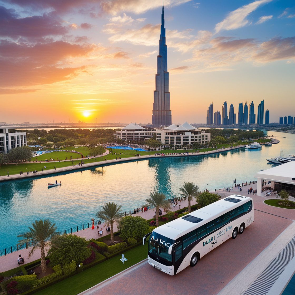 A picturesque view of Dubai Creek Harbour at dusk, highlighting the vibrant skyline, serene waters, and a luxurious bus from "AJ EPIC."