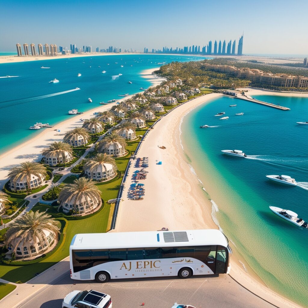 "Aerial view of Palm Jumeirah showcasing its iconic palm shape, with an AJ EPIC branded luxury bus parked along the beach."