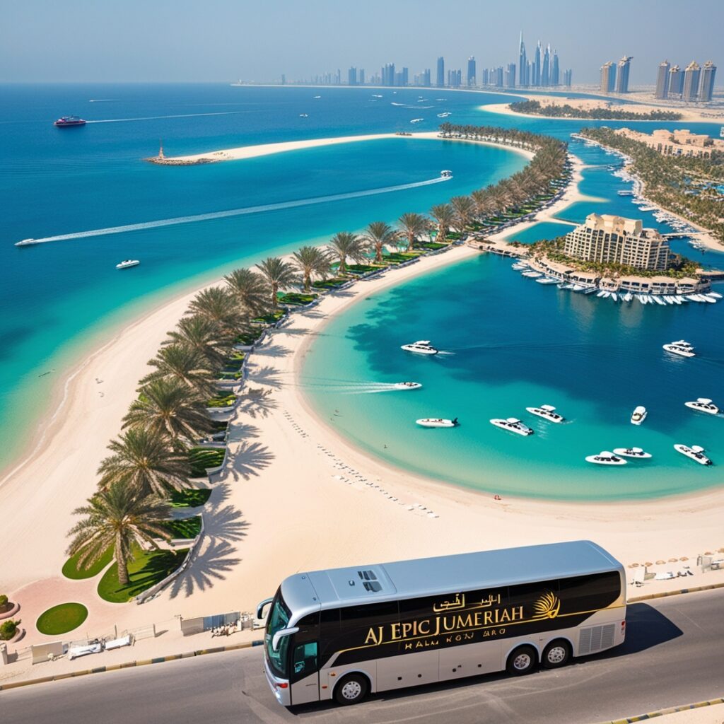 "Stunning drone shot of Palm Jumeirah, highlighting the luxurious villas and the AJ EPIC bus in the foreground against the turquoise waters."