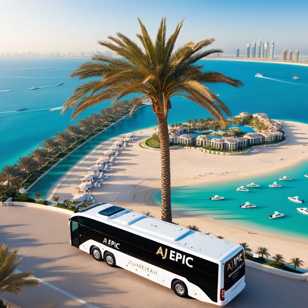 "Palm Jumeirah from above, featuring the distinctive palm layout and an AJ EPIC bus parked on the beach, with the Burj Al Arab in the background."