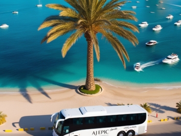"A breathtaking aerial view of Palm Jumeirah with an AJ EPIC branded bus, surrounded by the vibrant Arabian Gulf and Dubai's skyline."