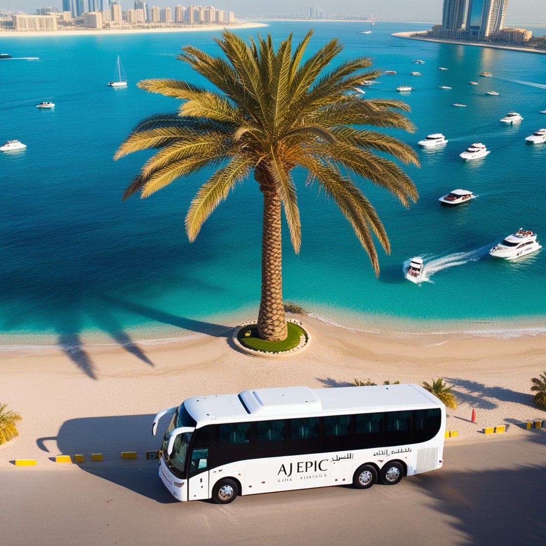 "A breathtaking aerial view of Palm Jumeirah with an AJ EPIC branded bus, surrounded by the vibrant Arabian Gulf and Dubai's skyline."