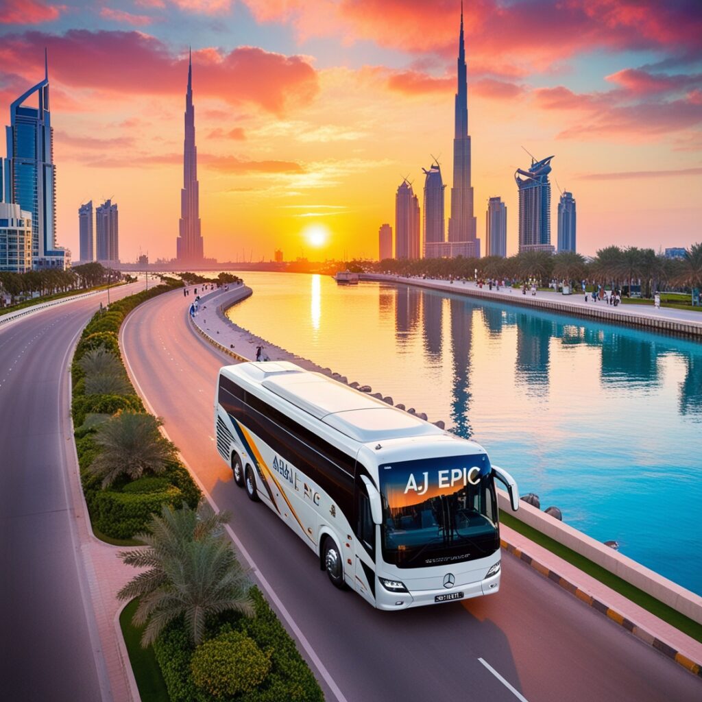A luxurious Mercedes bus branded with "AJ EPIC" driving along the road at sunset in Dubai Creek Harbour, with the iconic Dubai Creek Tower in the background.
