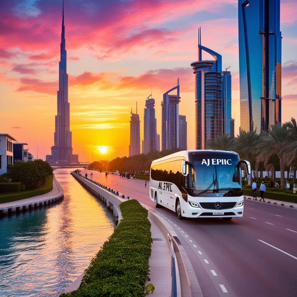 Sunset view of Dubai Creek Harbour, featuring an "AJ EPIC" branded bus on the road, lush parks, and Dubai Creek Tower in the distance.