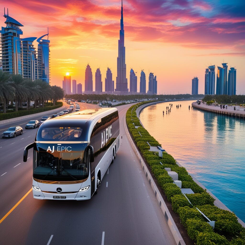 A sleek Mercedes bus from "AJ EPIC" traveling along the road at Dubai Creek Harbour during sunset, with modern skyscrapers and Dubai Creek Tower in the background.
