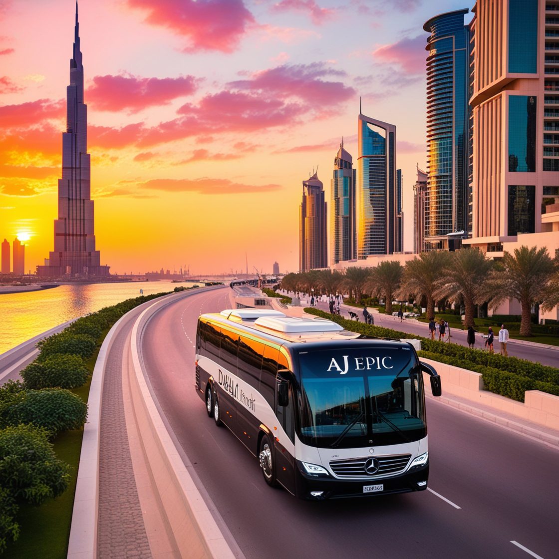 An "AJ EPIC" branded bus driving through Dubai Creek Harbour, set against a sunset sky, with reflections on the creek and the Dubai Creek Tower in the background.