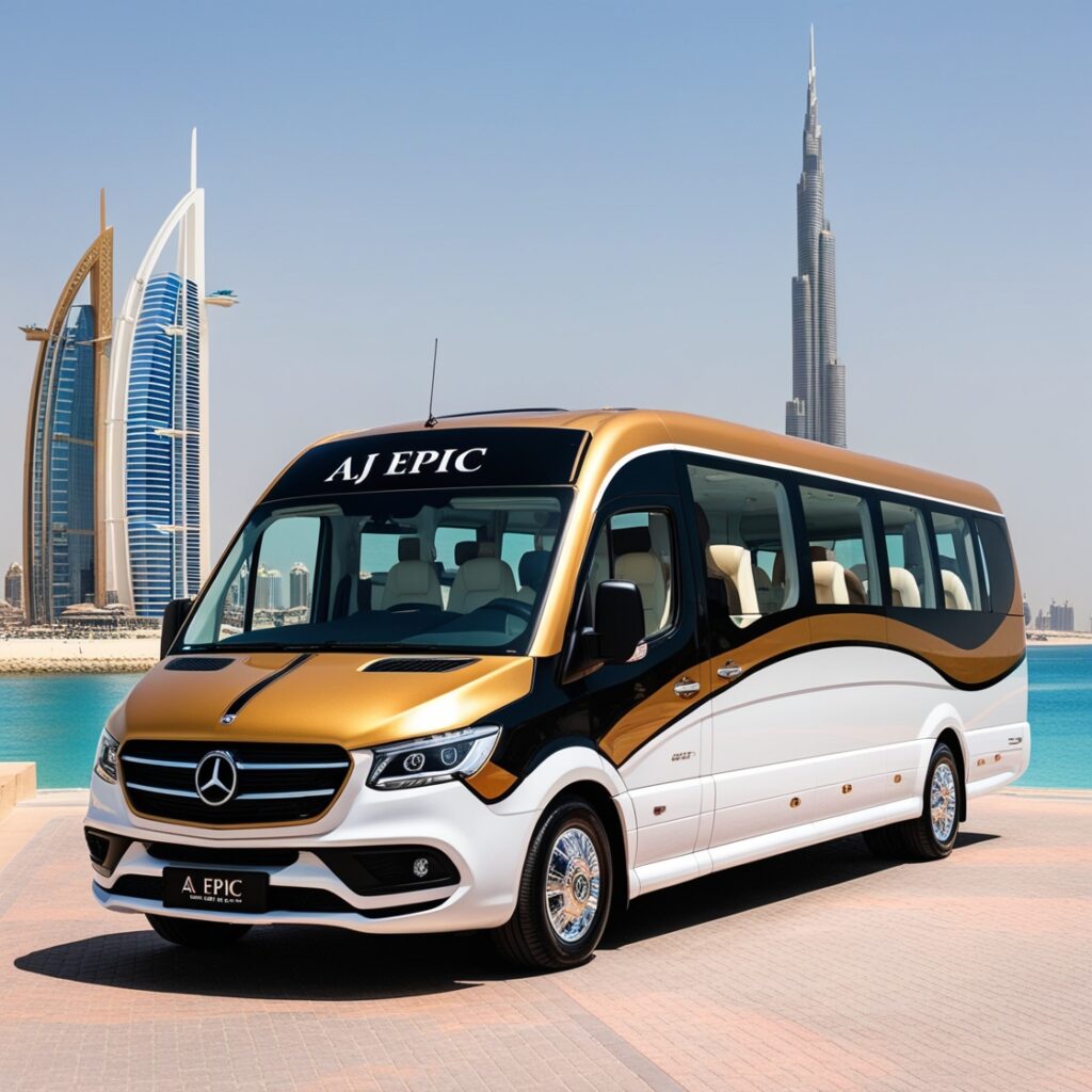 A close-up view of the stylish exterior of the Aj EPIC minibus featuring a modern design with gold, white, and black accents, set against a picturesque Dubai backdrop.