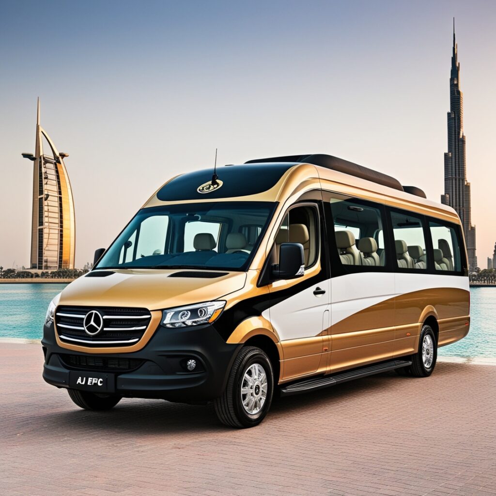 A side view of the elegant Aj EPIC minibus, emphasizing its unique color combination of gold, white, and black, showcasing the perfect vehicle for group travel in Dubai.
