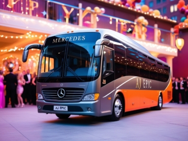 Celebratory atmosphere captured with a focus on the AJ EPIC bus parked outside a vibrant venue.
